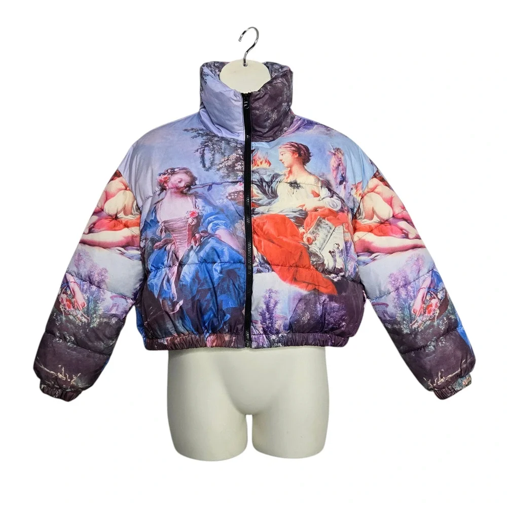 Azalea Wang Renaissance Art Puffer Jacket Size XL Art to Wear Bomber Coat